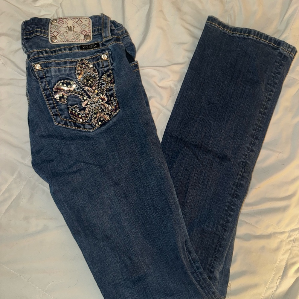 Miss Me Dark Blue Boot Cut Jeans with Embellished Fleur-de-Lis